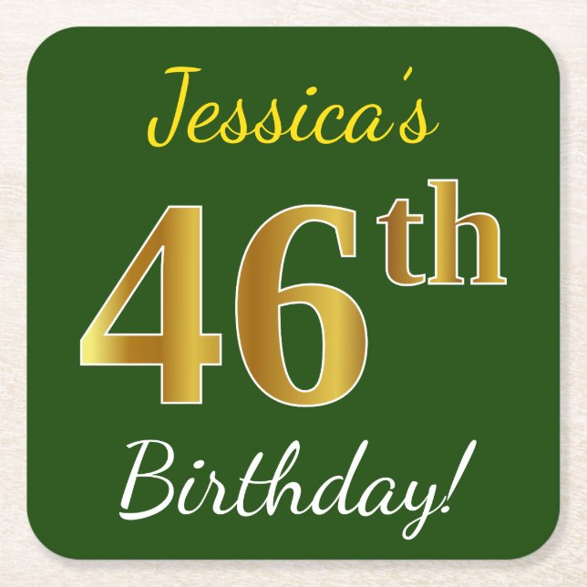Green, Faux Gold 46th Birthday + Custom Name Square Paper Coaster (Front)