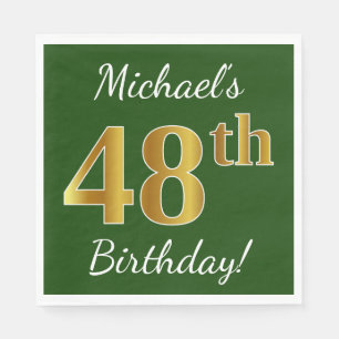 Green, Faux Gold 48th Birthday + Custom Name Napkin