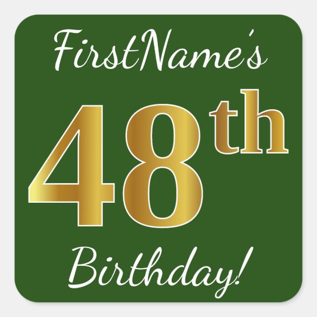 Green, Faux Gold 48th Birthday + Custom Name Square Sticker (Front)