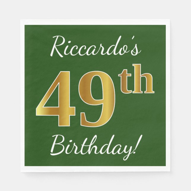 Green, Faux Gold 49th Birthday + Custom Name Napkin (Front)