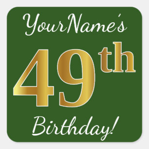 Green, Faux Gold 49th Birthday + Custom Name Square Sticker