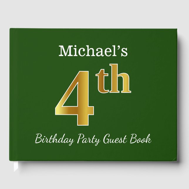 Green, Faux Gold 4th Birthday Party + Custom Name Guest Book (Front)