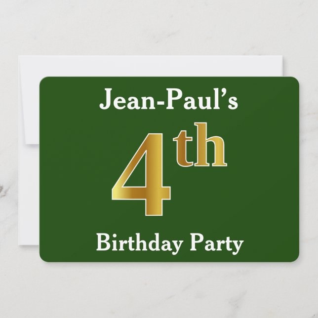 Green, Faux Gold 4th Birthday Party + Custom Name Invitation (Front)