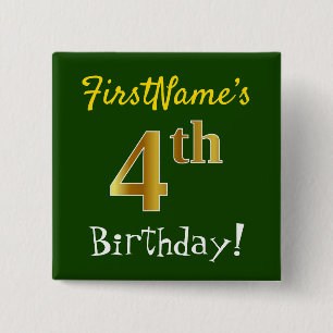 Green, Faux Gold 4th Birthday, With Custom Name 15 Cm Square Badge