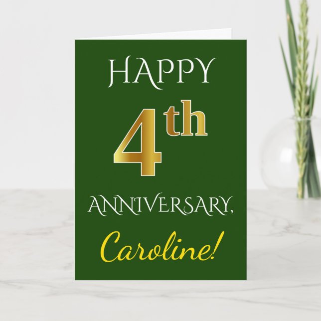 Green, Faux Gold 4th Wedding Anniversary + Name Card (Front)
