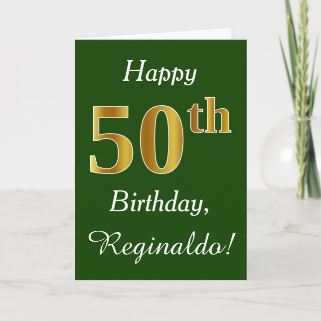 Green, Faux Gold 50th Birthday + Custom Name Card (Front)
