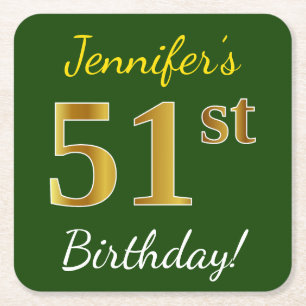 Green, Faux Gold 51st Birthday + Custom Name Square Paper Coaster