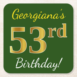 Green, Faux Gold 53rd Birthday + Custom Name Square Paper Coaster