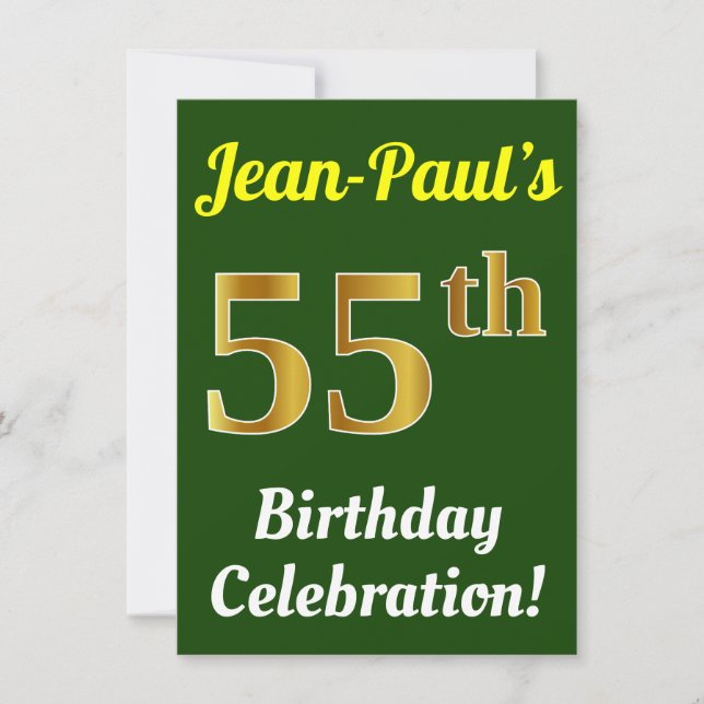 Green, Faux Gold 55th Birthday Celebration + Name Invitation (Front)