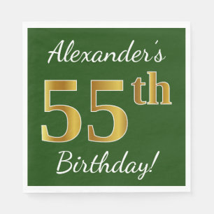 Green, Faux Gold 55th Birthday + Custom Name Napkin