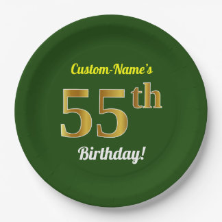 Green, Faux Gold 55th Birthday + Custom Name Paper Plate