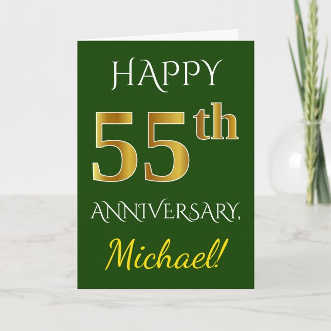 Green, Faux Gold 55th Wedding Anniversary + Name Card (Front)