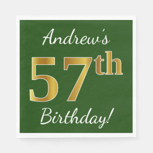 Green, Faux Gold 57th Birthday + Custom Name Napkin