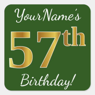 Green, Faux Gold 57th Birthday + Custom Name Square Sticker