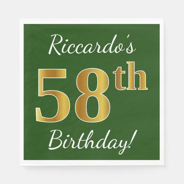 Green, Faux Gold 58th Birthday + Custom Name Napkin (Front)