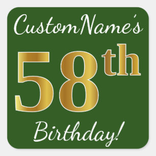 Green, Faux Gold 58th Birthday + Custom Name Square Sticker