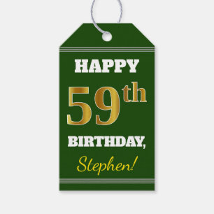 Green, Faux Gold 59th Birthday + Custom Name Gift Tags