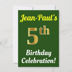 Green, Faux Gold 5th Birthday Celebration + Name Invitation