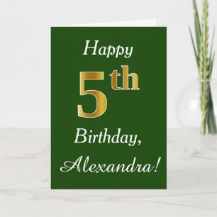 Green, Faux Gold 5th Birthday + Custom Name Card