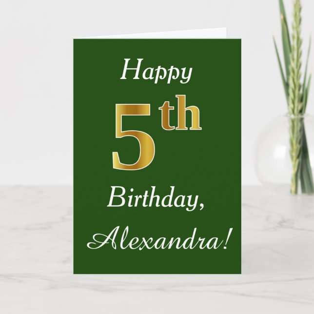 Green, Faux Gold 5th Birthday + Custom Name Card (Front)