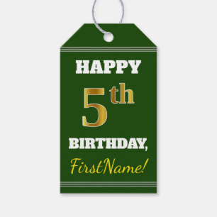 Green, Faux Gold 5th Birthday + Custom Name Gift Tags