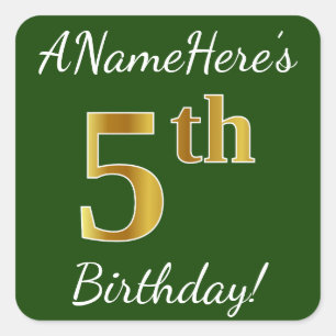 Green, Faux Gold 5th Birthday + Custom Name Square Sticker