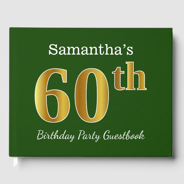 Green, Faux Gold 60th Birthday Party + Custom Name Guest Book (Front)