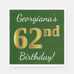 Green, Faux Gold 62nd Birthday + Custom Name Napkin