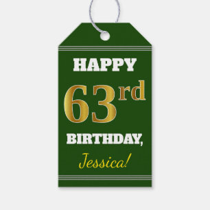 Green, Faux Gold 63rd Birthday + Custom Name Gift Tags