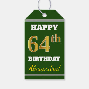 Green, Faux Gold 64th Birthday + Custom Name Gift Tags