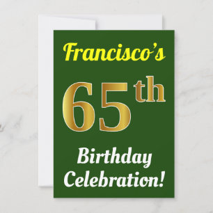 Green, Faux Gold 65th Birthday Celebration + Name Invitation