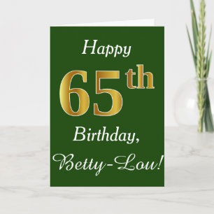 Green, Faux Gold 65th Birthday + Custom Name Card