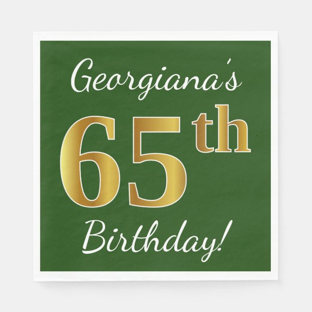 Green, Faux Gold 65th Birthday + Custom Name Napkin (Front)