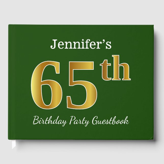 Green, Faux Gold 65th Birthday Party + Custom Name Guest Book (Front)