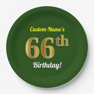Green, Faux Gold 66th Birthday + Custom Name Paper Plate