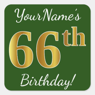 Green, Faux Gold 66th Birthday + Custom Name Square Sticker