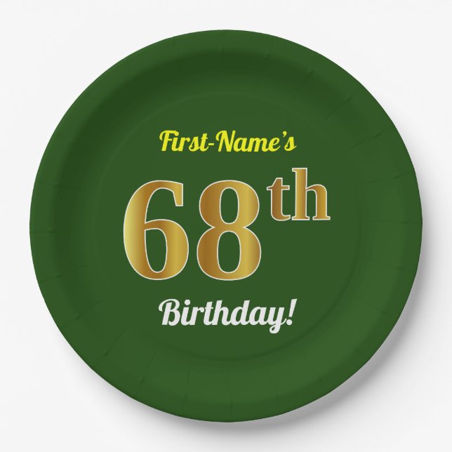 Green, Faux Gold 68th Birthday + Custom Name Paper Plate (Front)