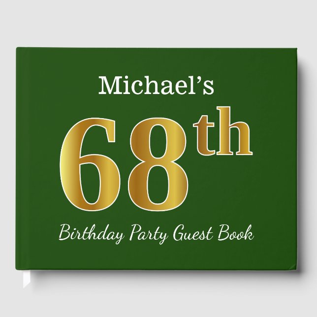 Green, Faux Gold 68th Birthday Party + Custom Name Guest Book (Front)