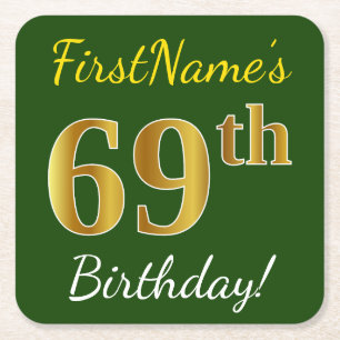 Green, Faux Gold 69th Birthday + Custom Name Square Paper Coaster