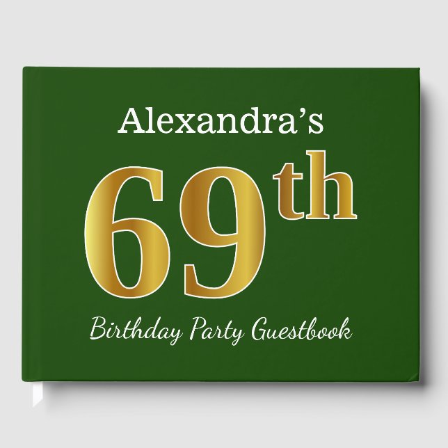 Green, Faux Gold 69th Birthday Party + Custom Name Guest Book (Front)