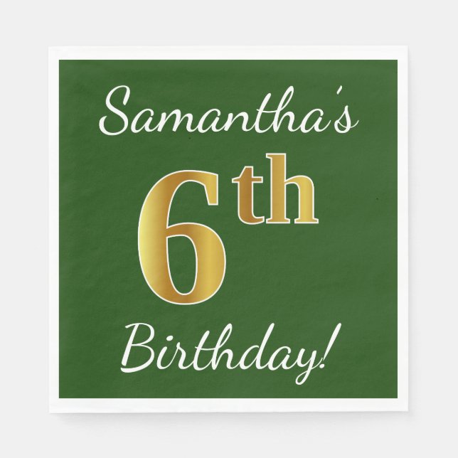 Green, Faux Gold 6th Birthday + Custom Name Napkin (Front)