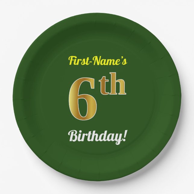 Green, Faux Gold 6th Birthday + Custom Name Paper Plate (Front)