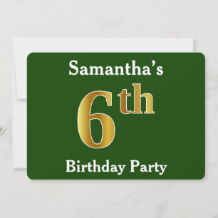 Green, Faux Gold 6th Birthday Party + Custom Name Invitation