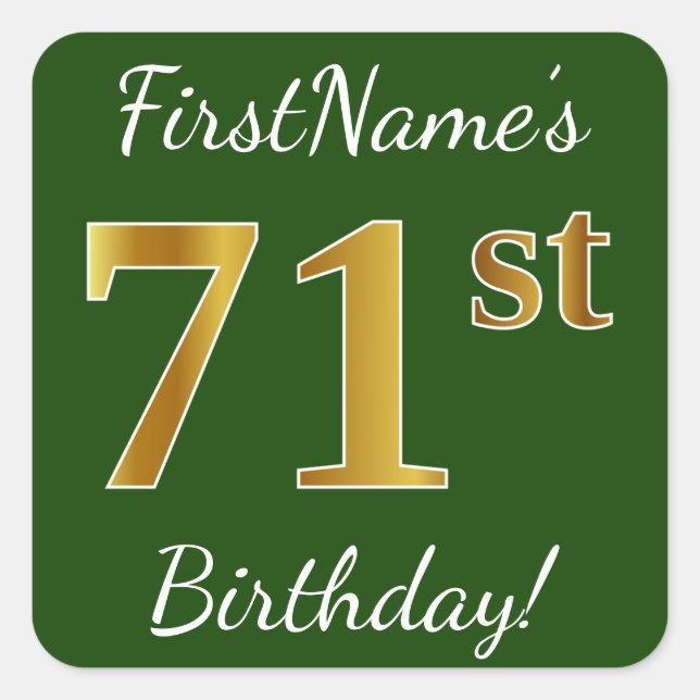 Green, Faux Gold 71st Birthday + Custom Name Square Sticker (Front)