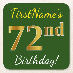 Green, Faux Gold 72nd Birthday + Custom Name Square Paper Coaster