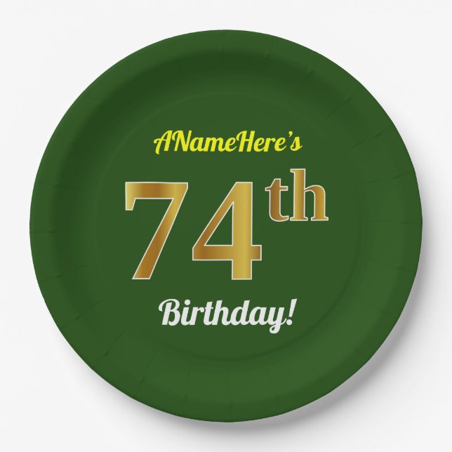 Green, Faux Gold 74th Birthday + Custom Name Paper Plate (Front)