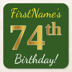Green, Faux Gold 74th Birthday + Custom Name Square Paper Coaster
