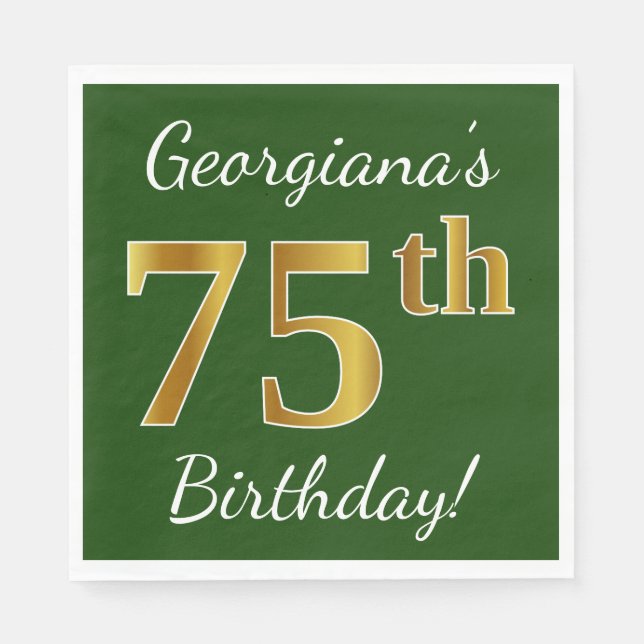 Green, Faux Gold 75th Birthday + Custom Name Napkin (Front)