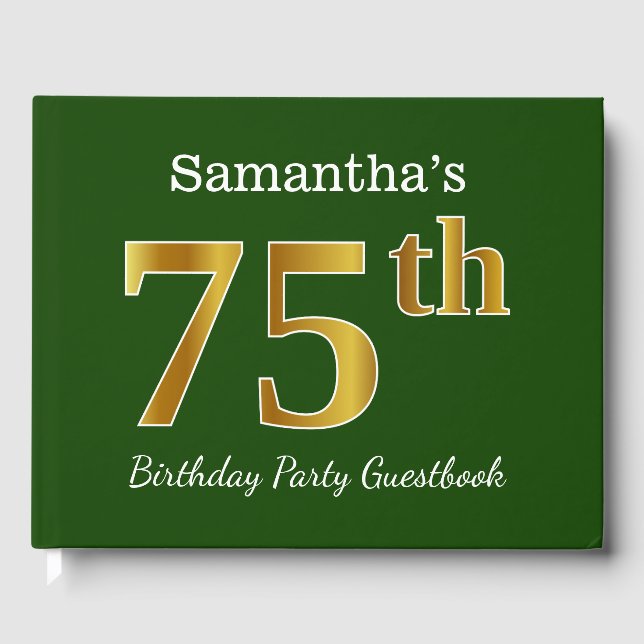 Green, Faux Gold 75th Birthday Party + Custom Name Guest Book (Front)
