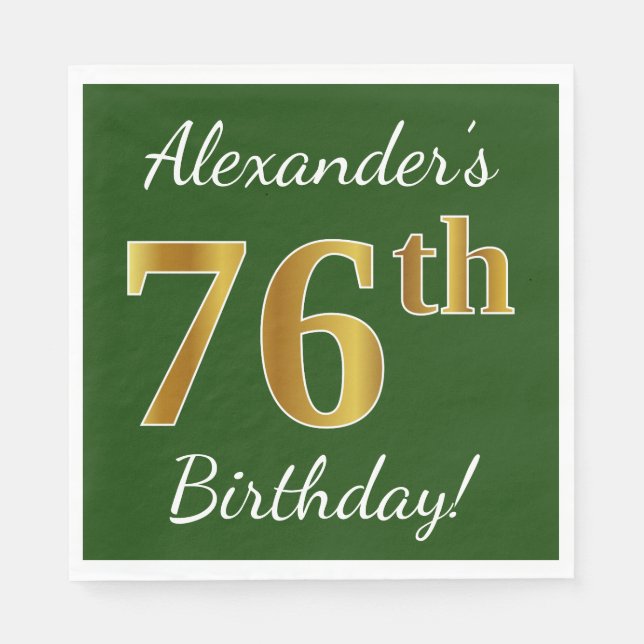 Green, Faux Gold 76th Birthday + Custom Name Napkin (Front)
